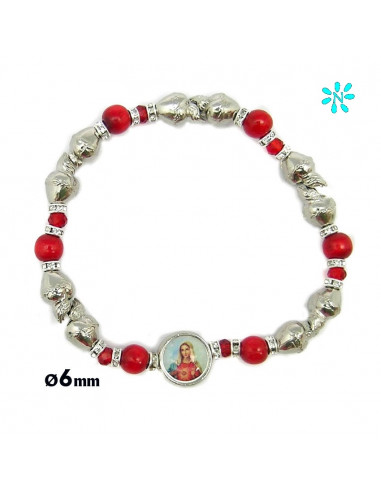 Pulsera Elastica Corazones Plateados Bola 6 MM Roja FIN