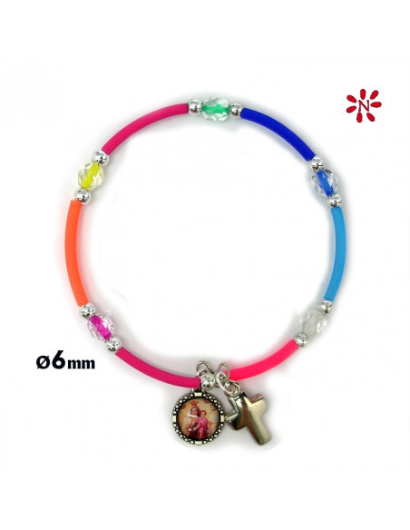 Pulsera Elastica Santo Rosario Bola 6 MM Con Lazo Azul Y Angelito