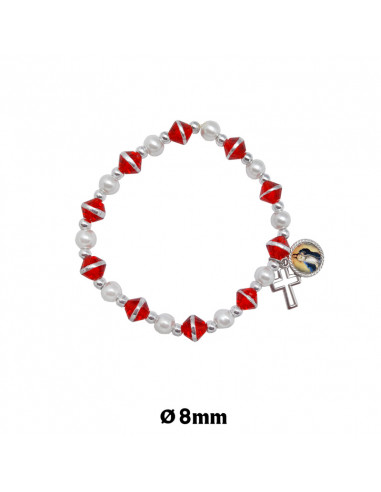 Pulsera Elastica Cristal Rojo Con Raya Plateada 8mm Y Perlas