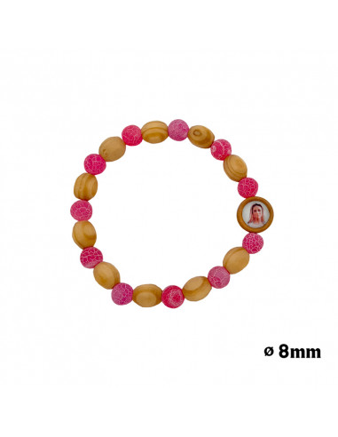Pulsera Elastica 8mm Piedra Rosa Y Madera Personalizable