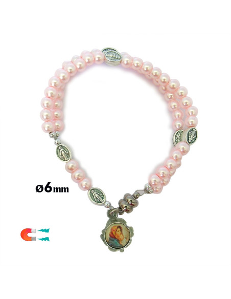 Pulsera Rosario Cristal Liso Rosa 5Mm Paters Medalla Milagrosa Cierre Magnetico