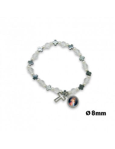 Pulsera Elastica Bola Cristal Transparente 6 MM Con Cruces Hematite