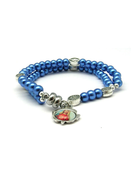 Pulsera Rosario Cristal Liso Azul 5Mm Paters Medalla Milagrosa Cierre Magnetico