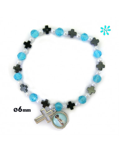 Pulsera Elastica Bola Cristal Azul Claro 6 MM Con Cruces Hematite