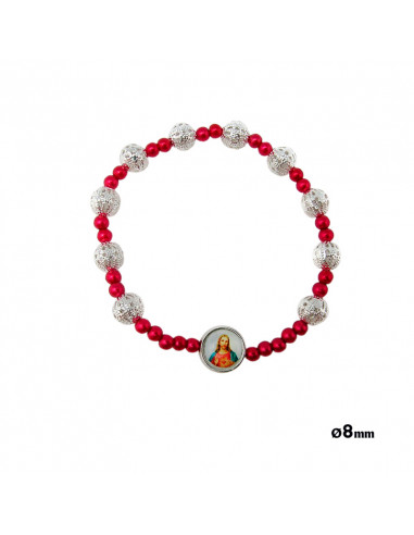 Pulsera Elastica Cuentas Rojas Con Bola 8mm Filigrana Plateada