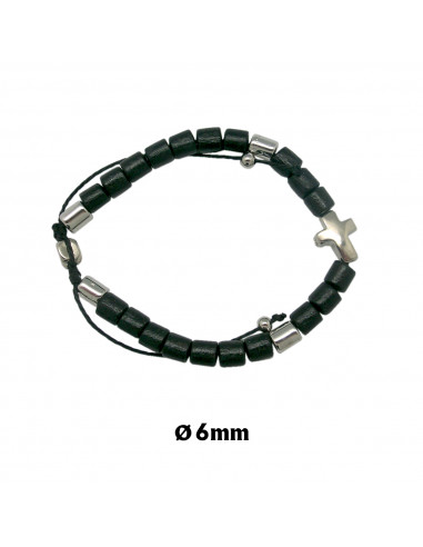 Pulsera Rosario Madera Beige Bola Cubo 5mm Doble Vuelta Bot?n Ave Maria Y Cruz