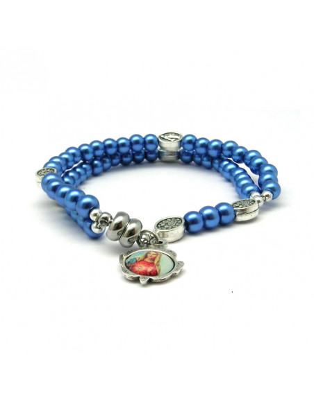 Pulsera Rosario Cristal Liso Azul 5mm Paters Medalla Milagrosa Cierre Magnetico