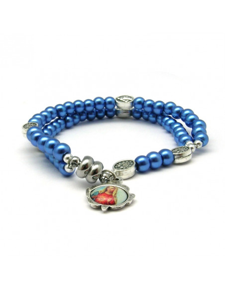 Pulsera Rosario Cristal Liso Azul 5mm Paters Medalla San Benito Cierre Magnetico
