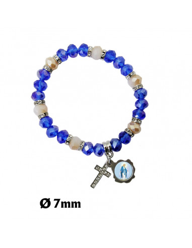 Pulsera Elastica Strass Azul Y Blanca Cuentas Hexagonales Con Cruz