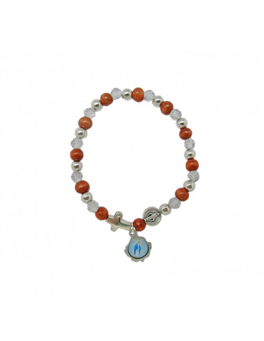 Pulsera Elastica Madera 6mm Marron Con Cristal Y Bolita Metalizada