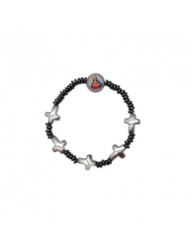 Pulsera Elastica Ematite Discos 4mm Con 5 Cruces De Metal
