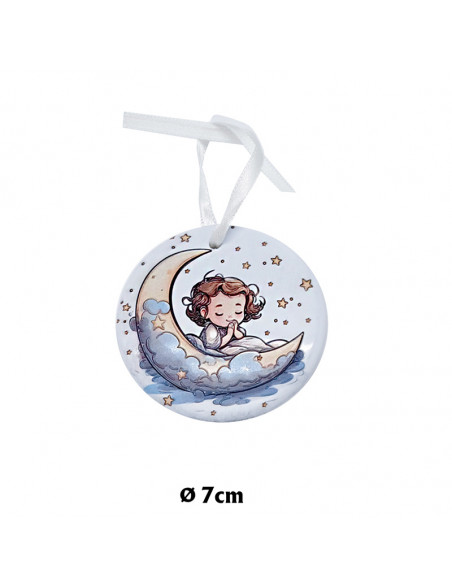 Medalla Cuna Redonda Resina 7Cm Niño Rezando Con Luna De Dia Con Cajita