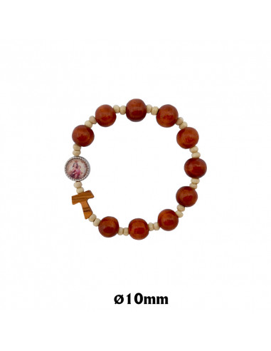 Pulsera Elastica Madera 10mm Marron Con Bolitas Negras Y Cruz Tau