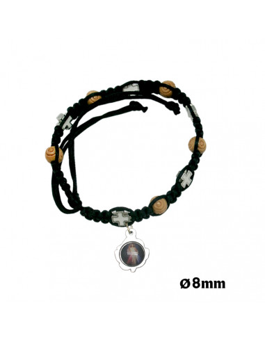 Pulsera Cuerda Negra Con Madera 6mm Y Cruces Con Esmalte Blanco