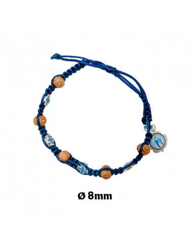 Pulsera Cuerda Azul Con Madera 6mm Y Cruces Con Esmalte Azul