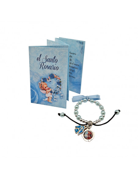 Pulsera Elastica Santo Rosario Bola 6 MM Con Lazo Azul Y Angelito