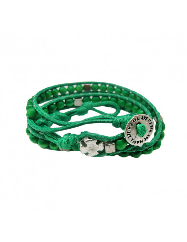 Pulsera Rosario Madera Verde Bola Cubo 5mm Doble Vuelta Bot?n Ave Maria Y Cruz
