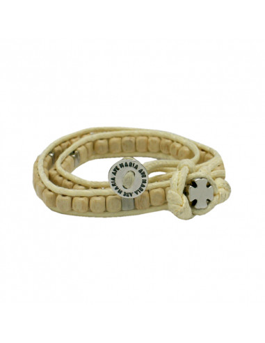 Pulsera Rosario Madera Beige Bola Cubo 5mm Doble Vuelta Bot?n Ave Maria Y Cruz