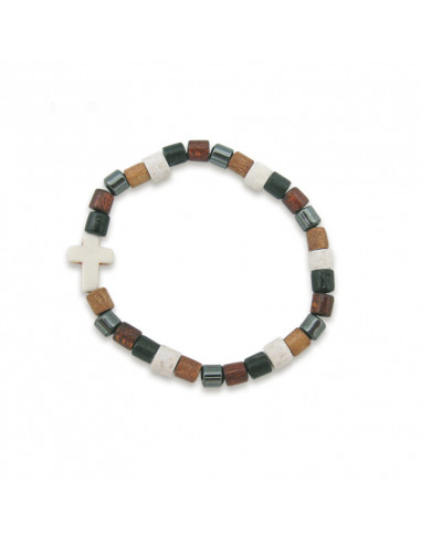 Pulsera Piedra Y Madera Elastica Multicolor Cilindro Con Cruz