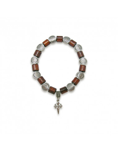 Pulsera Madera Elastica Cilindro Con Metal Grabado Etnico Y Cruz Tau Metal