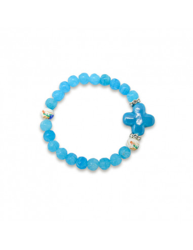 Pulsera Elastica Cristal Azul 8mm Con Cruz Y Dos Bolas Ceramica Para Personalizar