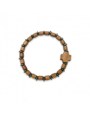 Pulsera Madera Ajustable Marron Cilindro Pequeño Adorno Metal Y Cruz Griega