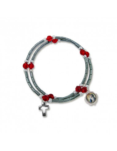 Brazalete Rigido Negros Dos Vueltas Cristal Rojo Con Cruz