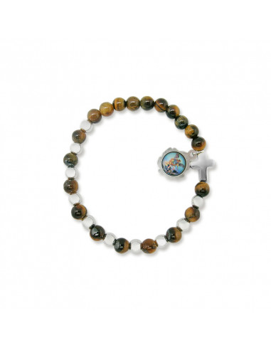 Pulsera Cristal Ojo Tigre Marron 6mm Con Cruz