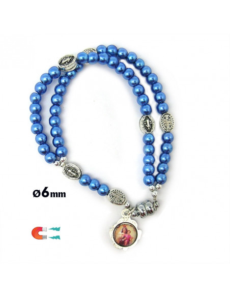 Pulsera Rosario Cristal Liso Azul 5Mm Paters Medalla San Benito Cierre Magnetico