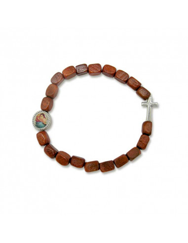 Pulsera Madera Marron Bola Rectangular Con Cruz Integrada