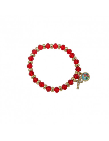 Pulsera Elastica Cristal Tallado Rojo 8x6mm Con Aros Dorados