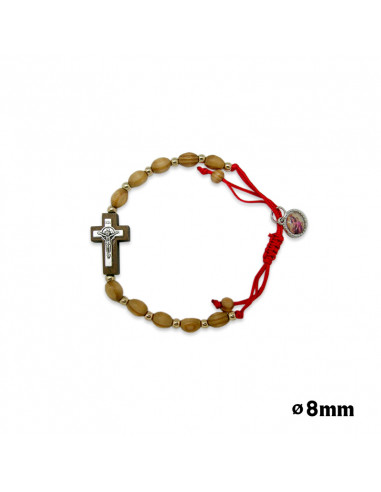 Pulsera Cuerda Roja Madera Clara Oval 6x4mm Con Cruz Doble Y Bolitas Doradas