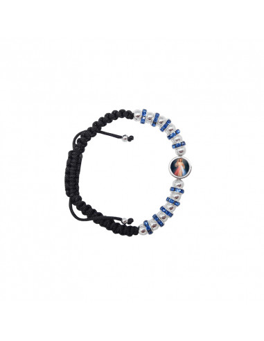 Pulsera Cuerda Negra Con Discos Crital Azul Y Bolitas Niqueladas