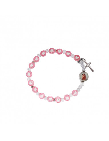 Pulsera Elastica Plastico 7mm Rosa Con Corazones Blancos Y Cristal Mini
