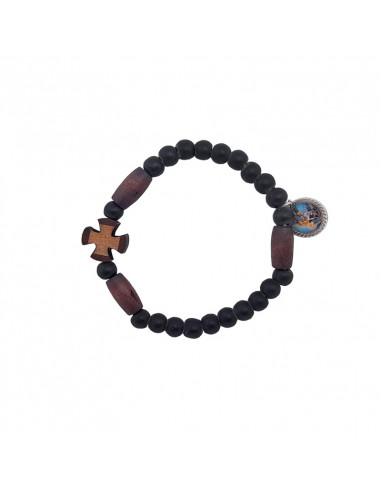 Pulsera Elastica Madera 6mm Negra Con 3 Tubos Alargados Y Cruz Dos Tonos