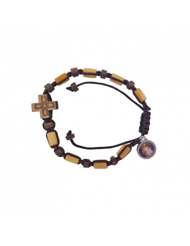 Pulsera Cuerda Madera Clara 6mm Tubos Alargados Y Cruz Grabada