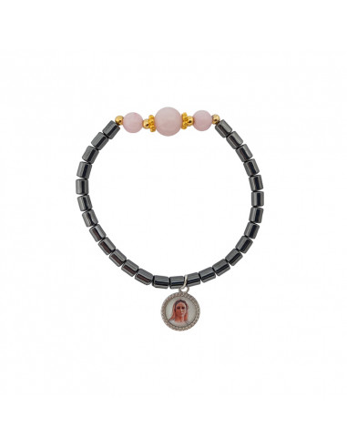 Pulsera Elastica Hematite Tubos 6x4mm Con 3 Bolas Rosa Y Adornos Dorados
