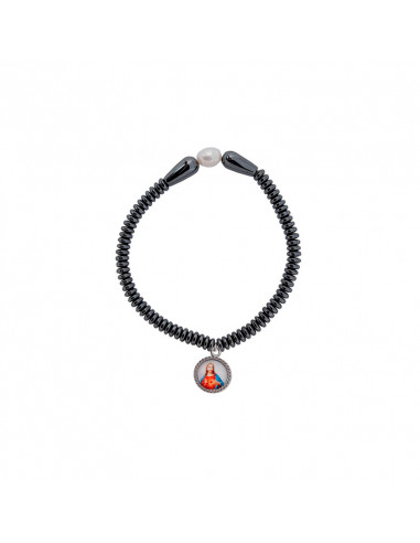 Pulsera Elastica Hematite Discos Con 1 Perla Y Dos Adornos Ovales Lisos