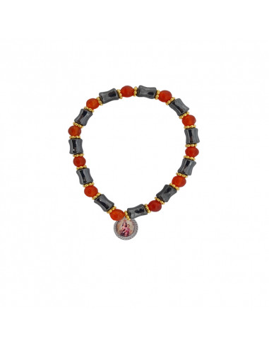 Pulsera Elastica Hematite Tubo Alternado Con Cornalina 5mm Y Discos Dorados