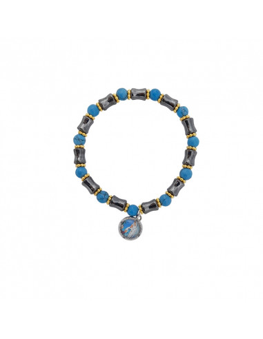 Pulsera Elastica Hematite Tubo Alternado Con Turquesa 5mm Y Discos Dorados