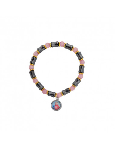 Pulsera Elastica Hematite Tubo Alternado Con Rosa 5mm Y Discos Dorados