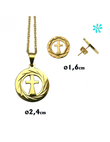 Juego Colgante Redondo 2. 4 Cm Y Pendientes Acero Dorado Disco Borde Rayado Y Cruz Interna