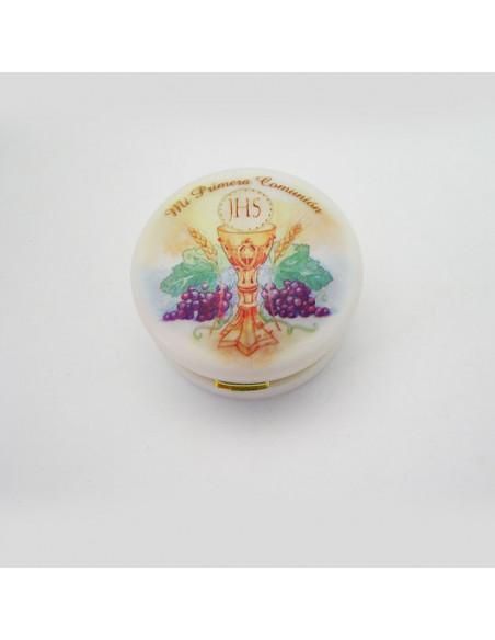 Caja Redonda Con Foto Primera Comunion Acabado Nacar