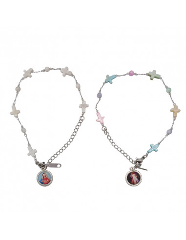 Pulsera Acero blanco eslabones con cruces de nacar con bolitas