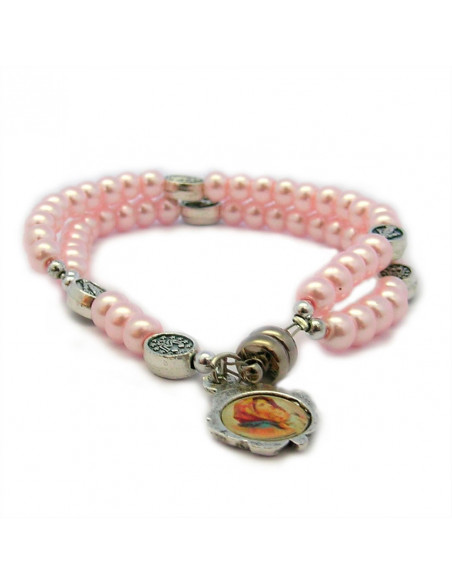 Pulsera Rosario Cristal Liso Rosa 5Mm Paters Medalla Milagrosa Cierre Magnetico