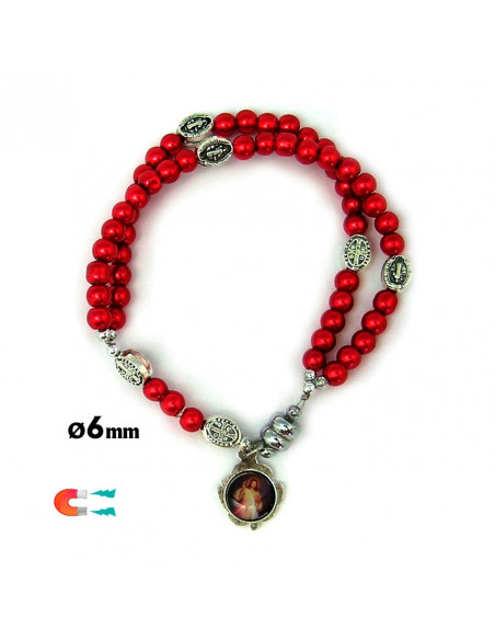 Pulsera Rosario Cristal Liso Rojo 5Mm Paters Medalla San Benito Cierre Magnetico
