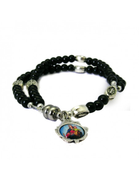 Pulsera Rosario Cristal Liso Negro 5Mm Paters Medalla San Benito Cierre Magnetico