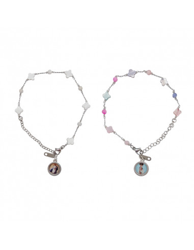Pulsera Acero blanco eslabones con treboles de nacar con bolitas