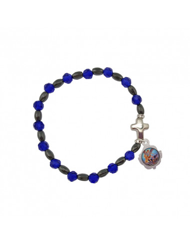 Pulsera Cristal Azul 6mm Con Ematite y Cruz