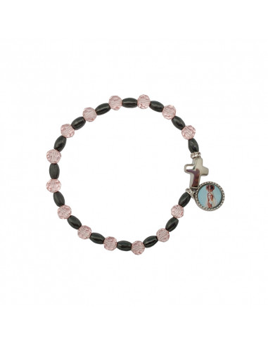 Pulsera Cristal Rosa 6mm Con Ematite y Cruz